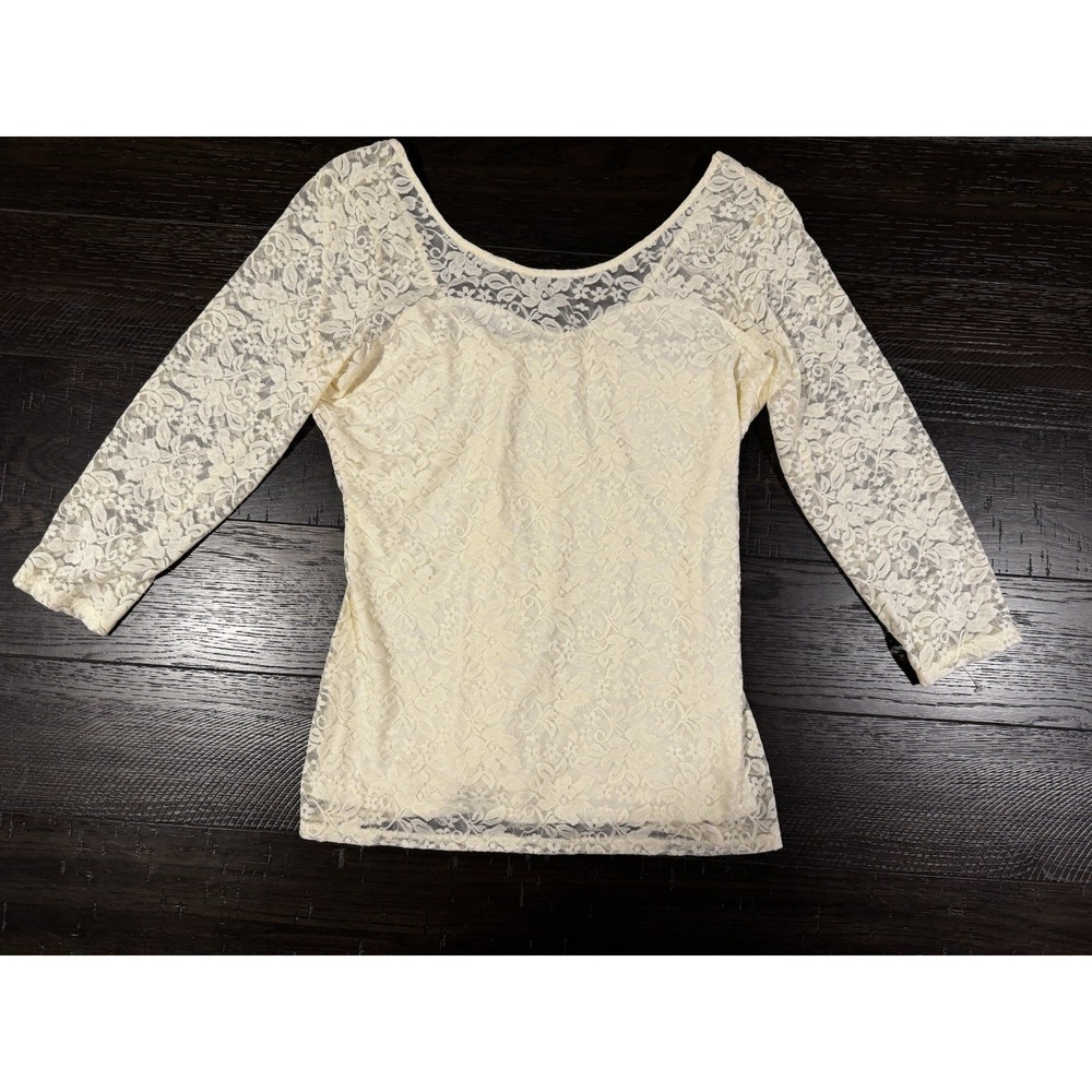 GUESS Lace Top Womens Large Cream White Long Sleeve Sweetheart Lined Cottagecore